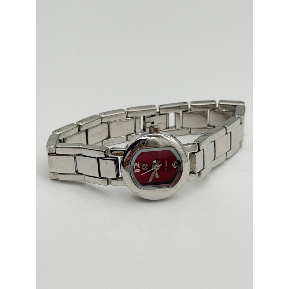 Womens Silver Tone Red Dial Link Bracelet Watch Japan Quartz Movement